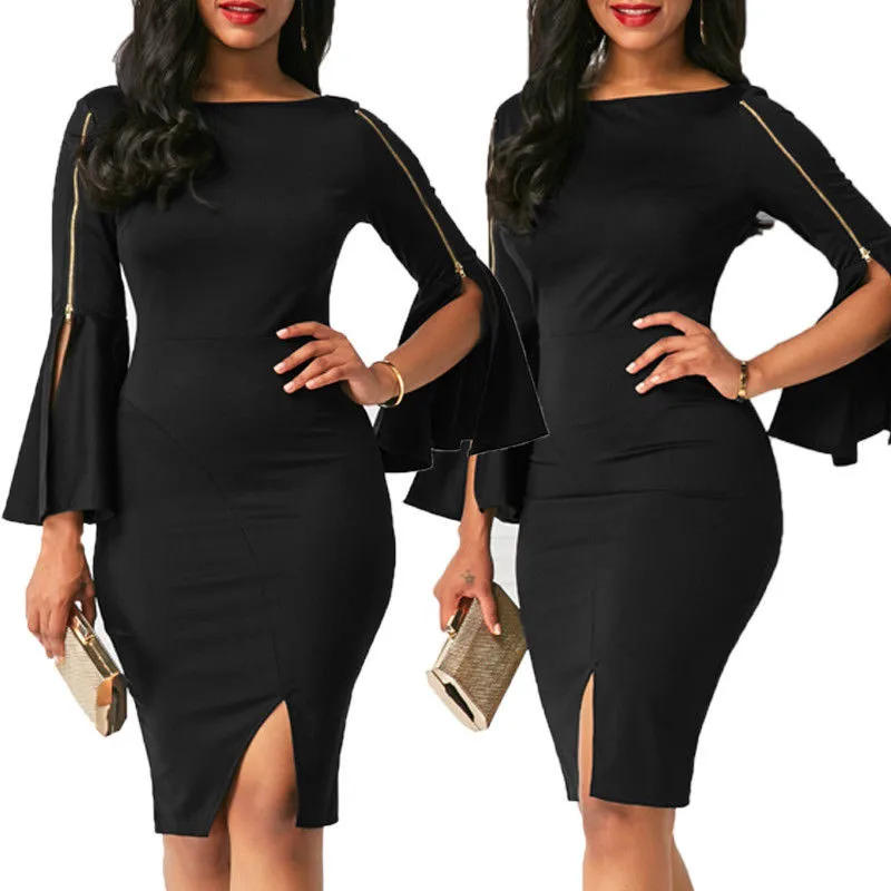 2017 модное женское облегающее платье-карандаш на молнии с расклешенными рукавами