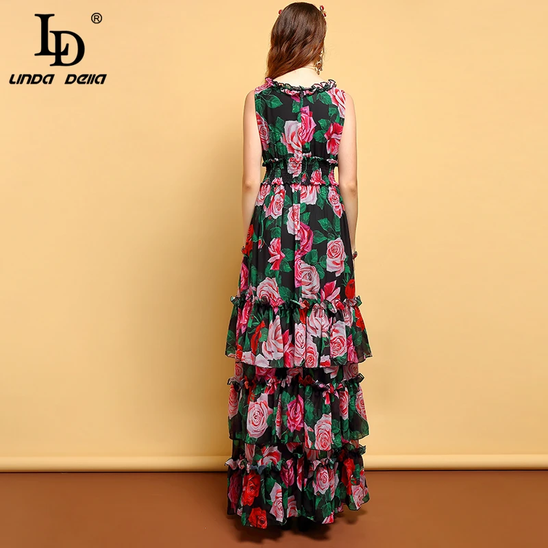 

LD LINDA DELLA Summer Maxi Dress Women's elastic Waist Tiered Layer Hem Rose Floral Print Vintage Elegant Long Dress Gown