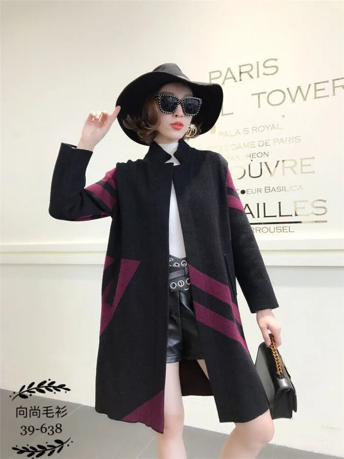 Свободное модное однобортное женское длинное шерстяное пальто Полосатое