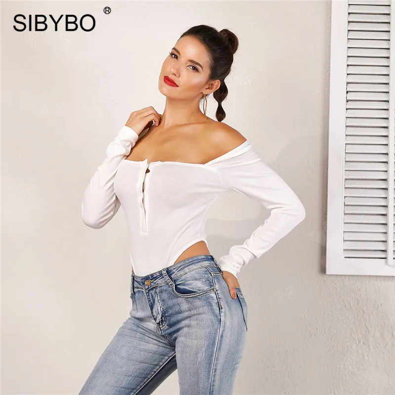 Sibybo, хлопковый сексуальный женский комбинезон с вырезом лодочкой, Осень-зима, Облегающий комбинезон с длинным рукавом, Женский Повседневный комбинезон с пуговицами