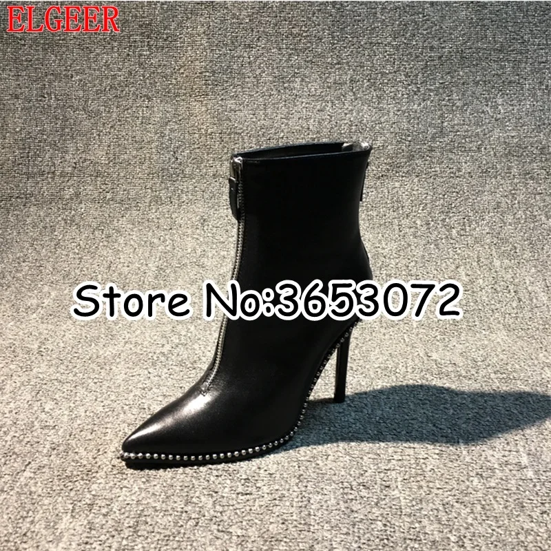 Pointy Toe Stiletto Studs Embellished Women Ankle Boots Black Leather Zipper Gladiator Motorycle botas mujer High Heels | Обувь