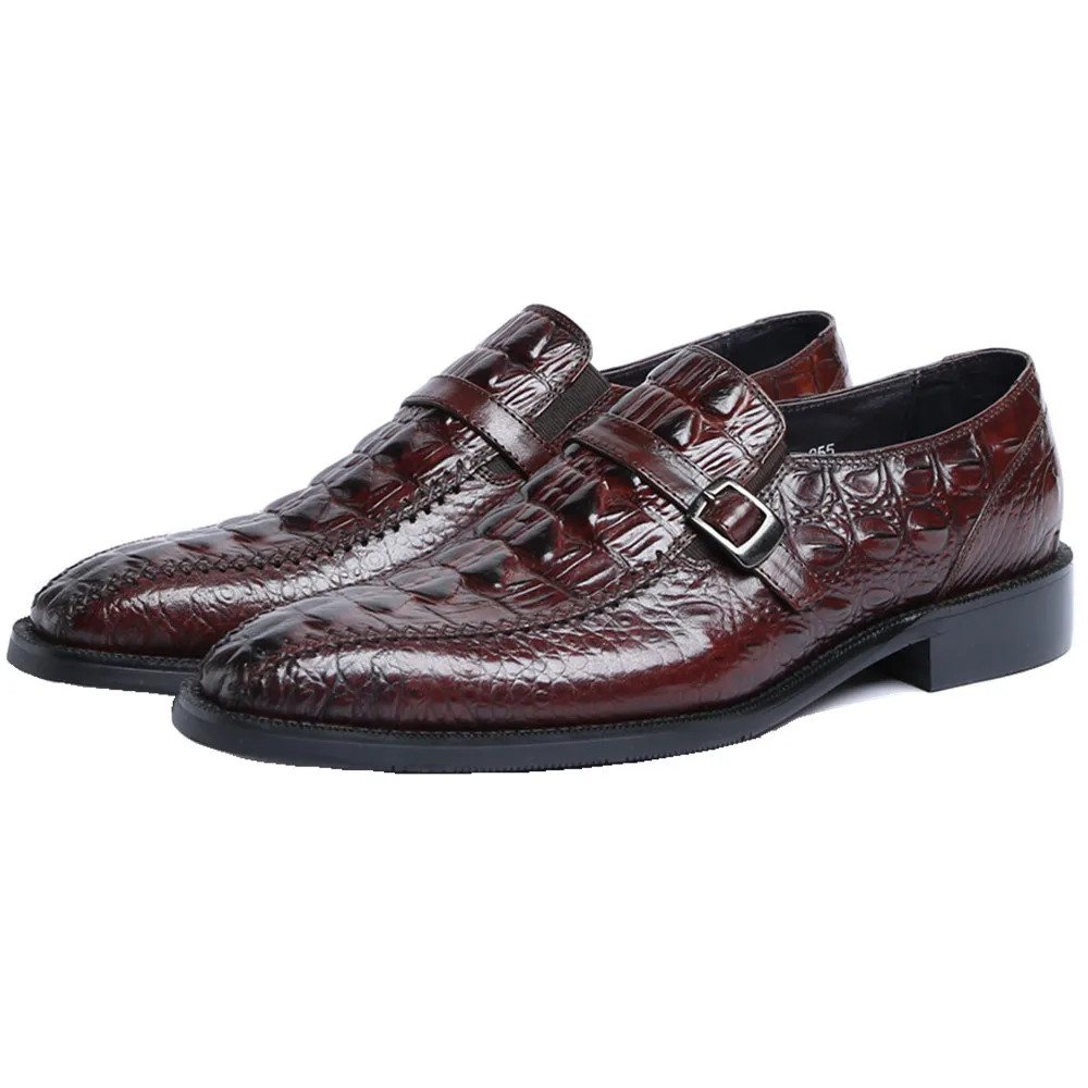 Crocodile Grain Black / Tan Hand Made Mens Dress Shoes Genuine Leather Wedding Male Business With Buckle | Обувь