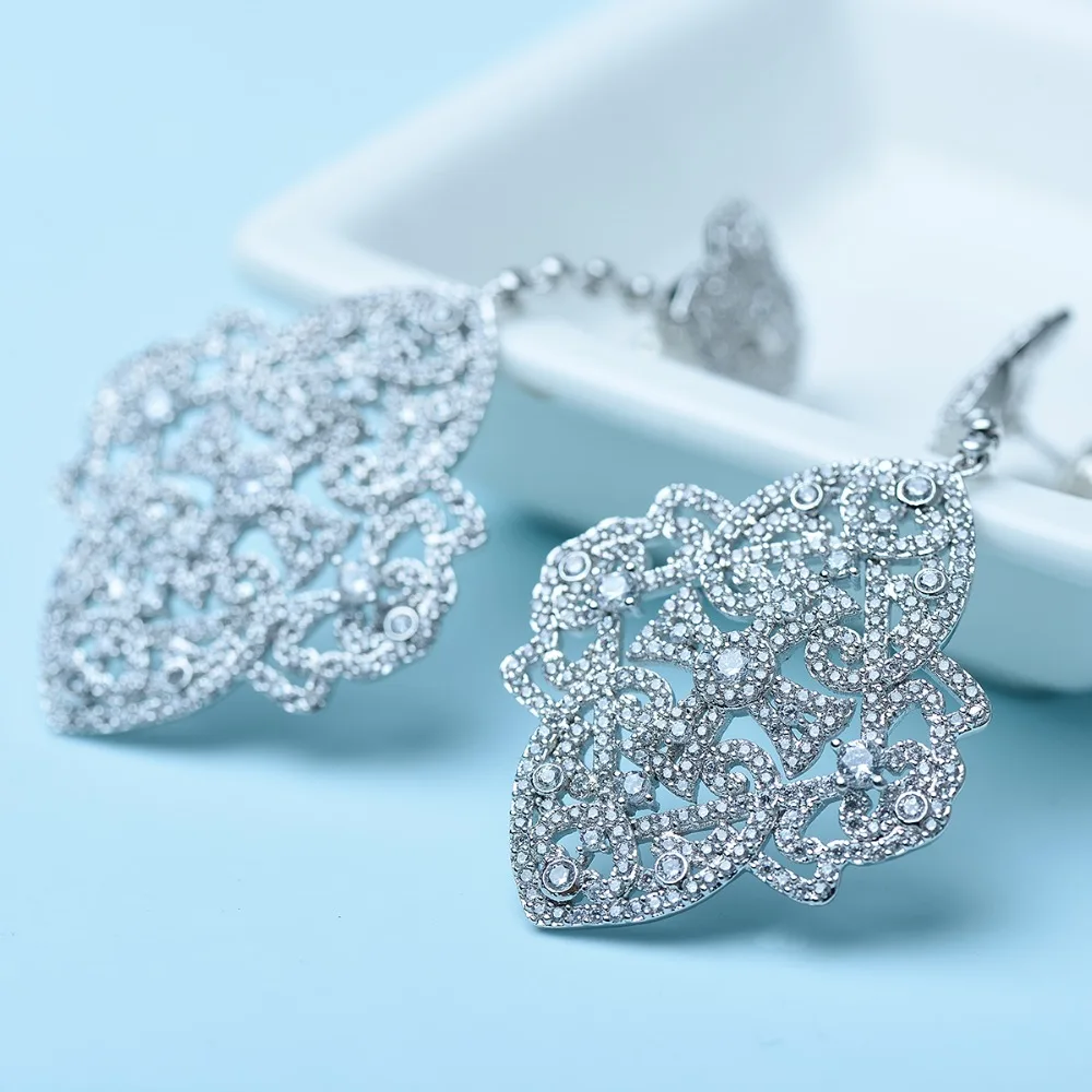 LUOTEEMI New Korea Style Big Brincos White Gold Color Elegant Jewelry Full Cubic Zircon Sparkling Drop Earring Double Flowers|drop earrings|earrings
