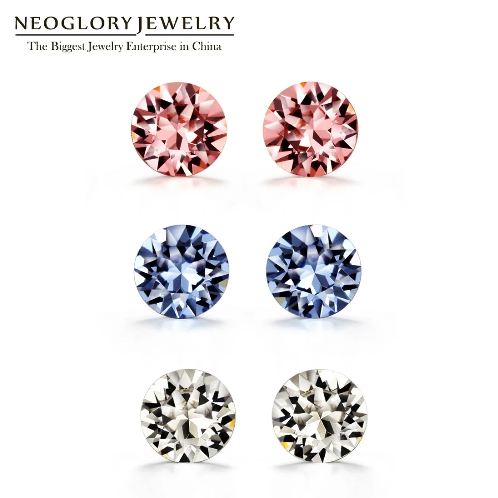 Женские серьги гвоздики с кристаллами Neoglory простые круглые белые/розовые/синие 3