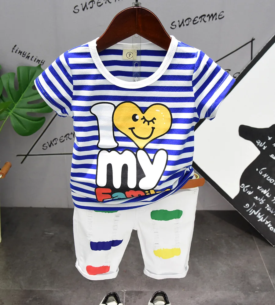

Детский спортивный костюм, Повседневная футболка в полоску с принтом, цветные шорты, комплект одежды из 2 предметов для маленьких мальчиков ...