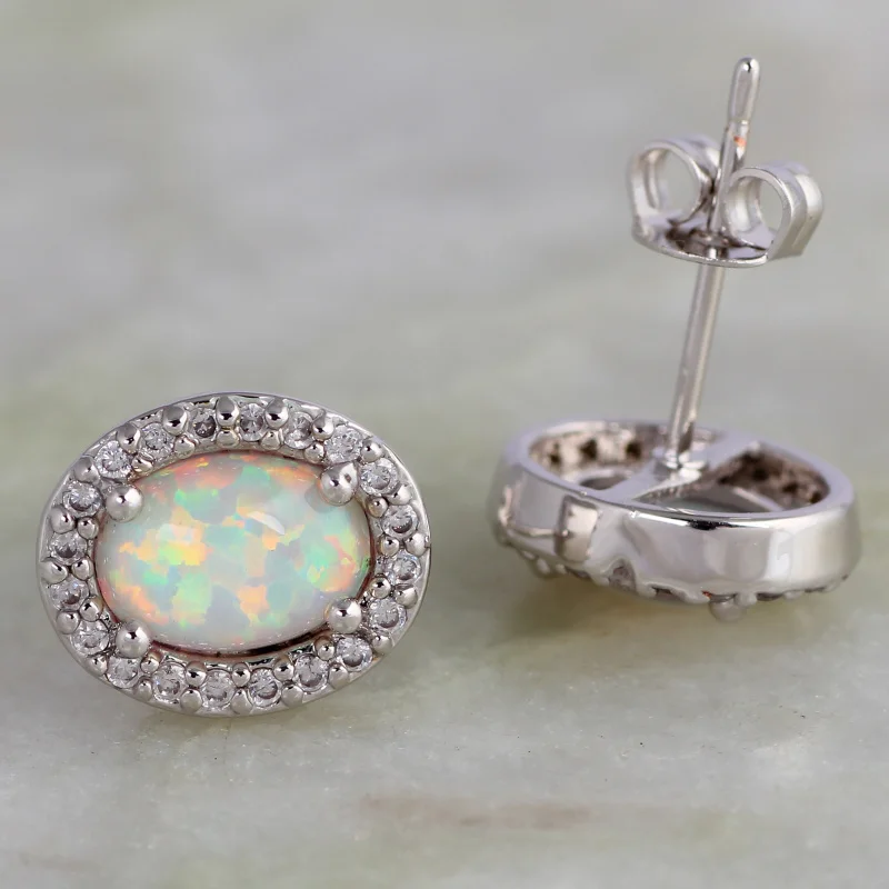 

Fashion Bijoux White Opal Created Stamp Silver Color Overlay Women's Stud Earrings Fashion Jewelry E374