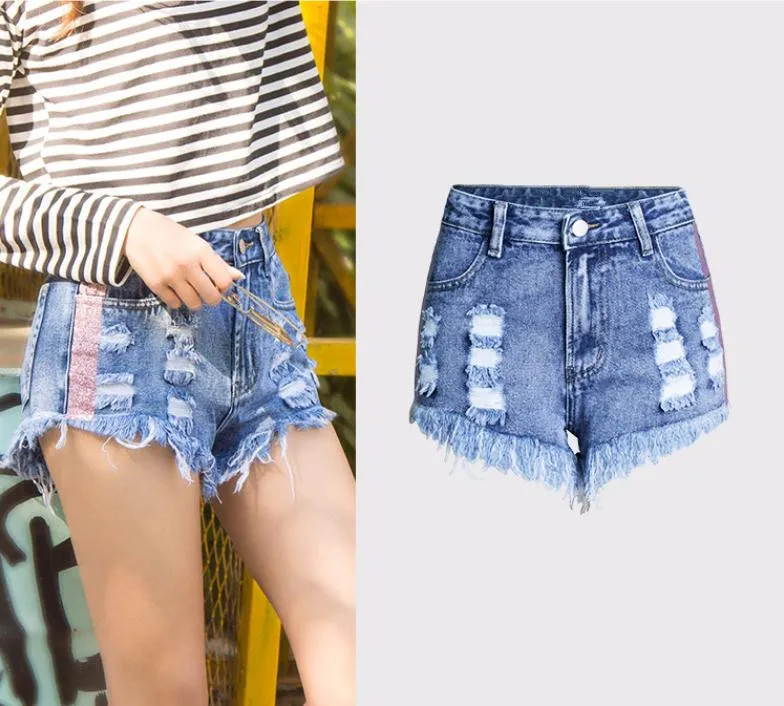 Женские джинсовые шорты с завышенной талией рваные цветной лентой неправильной
