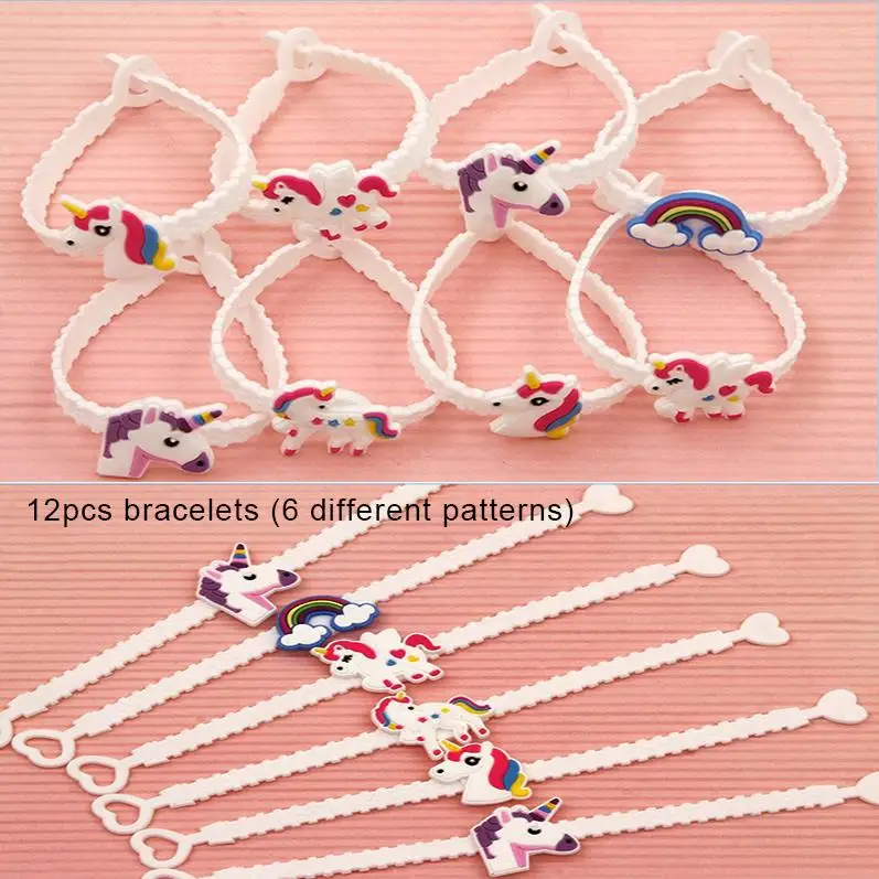12pcs bracelets Набор для вечеринки в честь Дня Рождения с единорогом, браслеты/кольца/брелки/ожерелье/тату/заколки для волос, вечерние сумочки с единорогом, вечерние сумочки для принцесс - Цвет: 12pcs bracelets