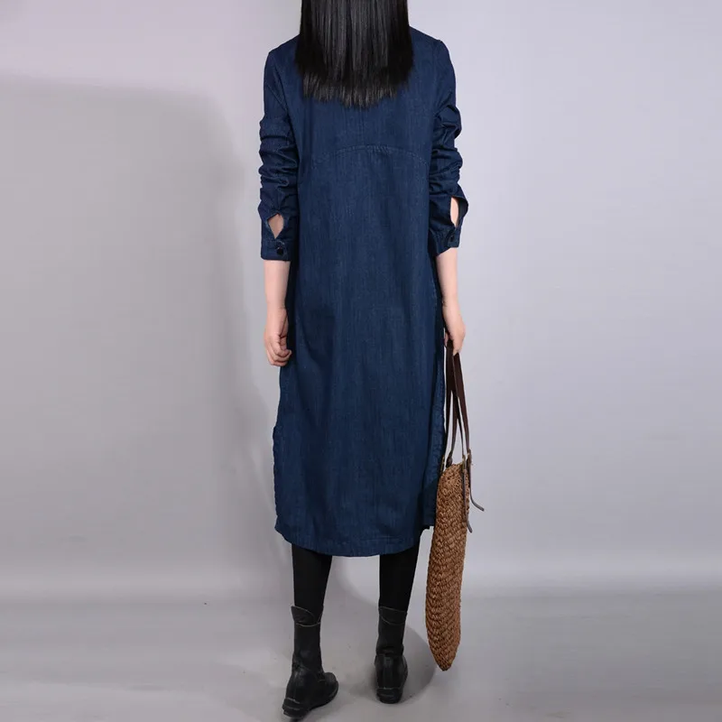 Женское джинсовое платье с отложным воротником однотонное длинное Повседневное