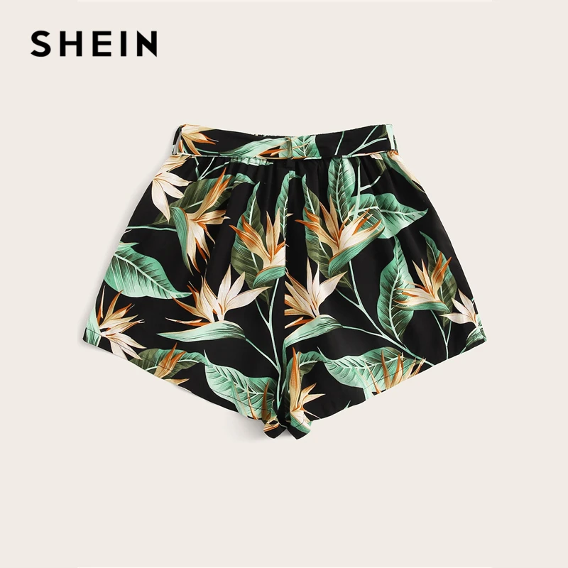 SHEIN/разноцветные богемные шорты с тропическим принтом и поясом, женские летние пляжные шорты для отдыха, повседневные эластичные шорты со средней талией и широкими штанинами