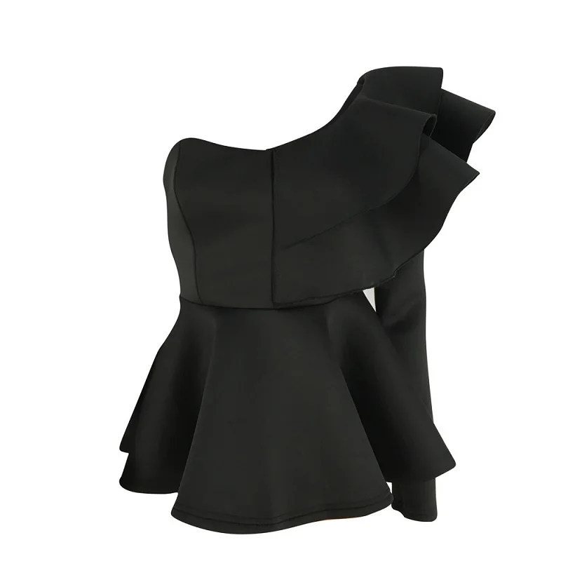 One Shoulder Zipper Up Peplum Ruffle Tops Women One Long Sleeve White Blouse Shirt Elegant Ladies Party Blouse Summer 2019