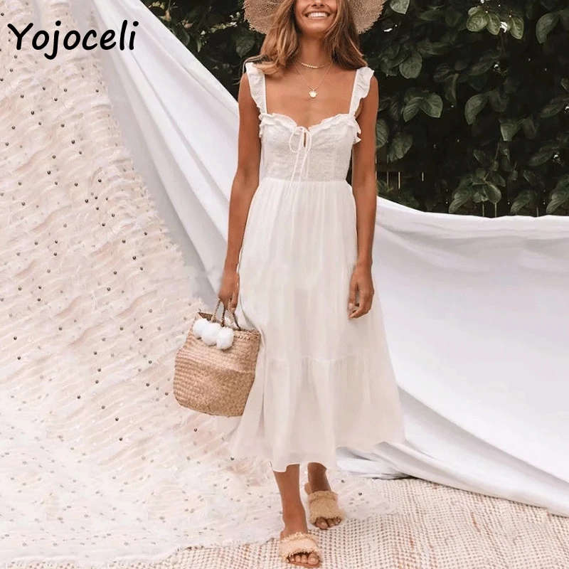 Yojoceli 2019 Летнее белое хлопковое кружевное платье с вышивкой и бантом пляжное миди