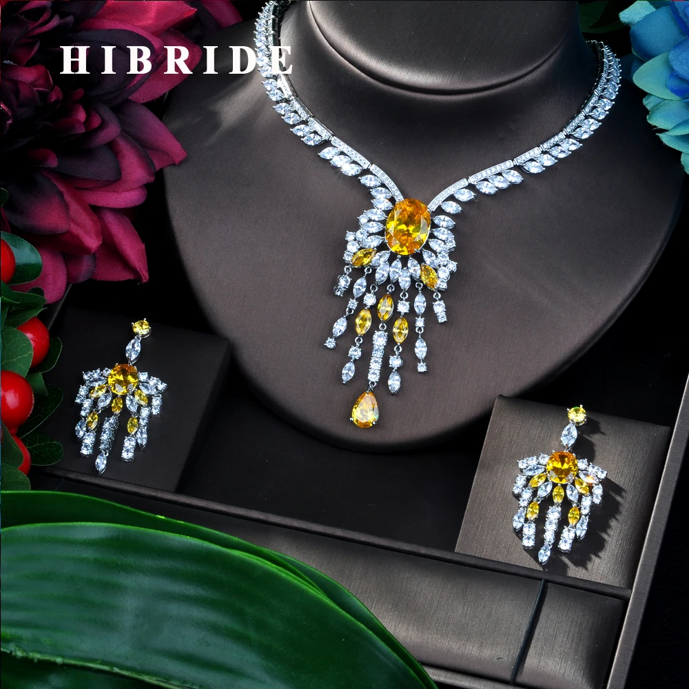 Роскошное ожерелье и серьги HIBRIDE с цветами, набор желтых фианитов, Свадебные африканские свадебные ювелирные наборы