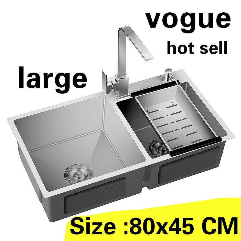 

Free shipping Apartment high quality 304 stainless steel kitchen manual sink double groove do the dishes hot sell big 80x45 CM