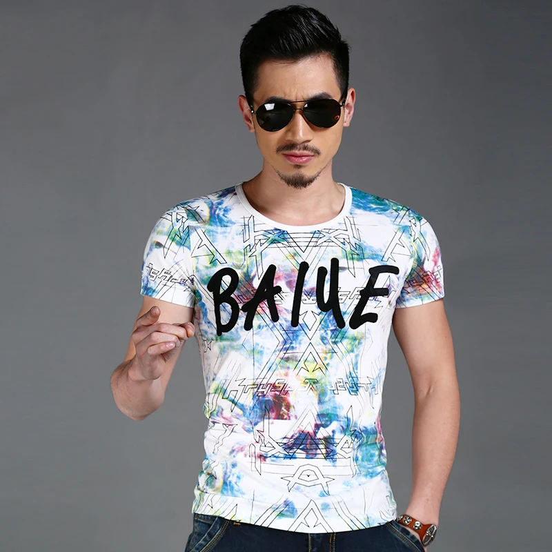 Лето 2017 г. мужские повседневные футболки с круглым вырезом Белый Геометрический