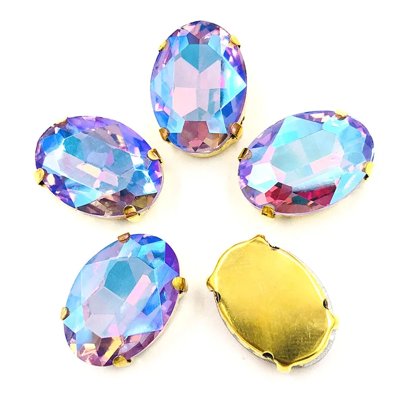 Crystal Violet AB 10x14 мм/13x18 мм, овальная форма, 20 шт., Хрустальное стекло, Золотая основа, пришивные стразы с плоским основанием, с когтями, для DIY, аксессуары для одежды - Цвет: Crystal Violet AB