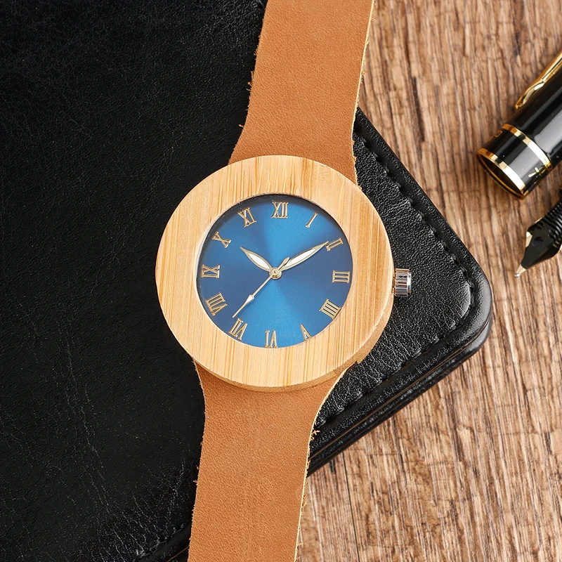 Деревянные часы уникальные синие наручные с римскими цифрами оригинальные