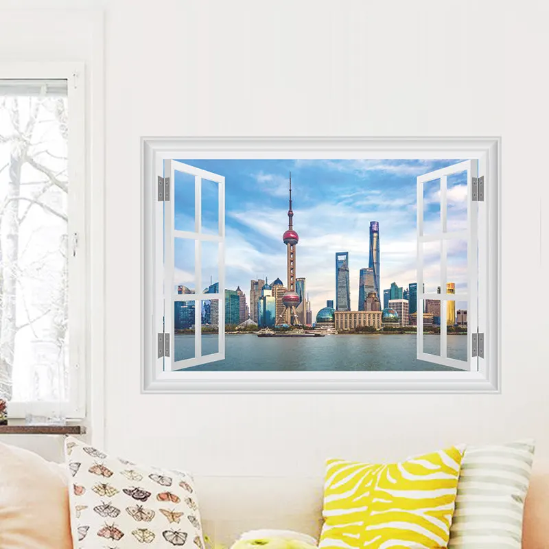 Oriental Pearl Tower 3d поддельные наклейки окна стены Гостиная Украшения в спальню