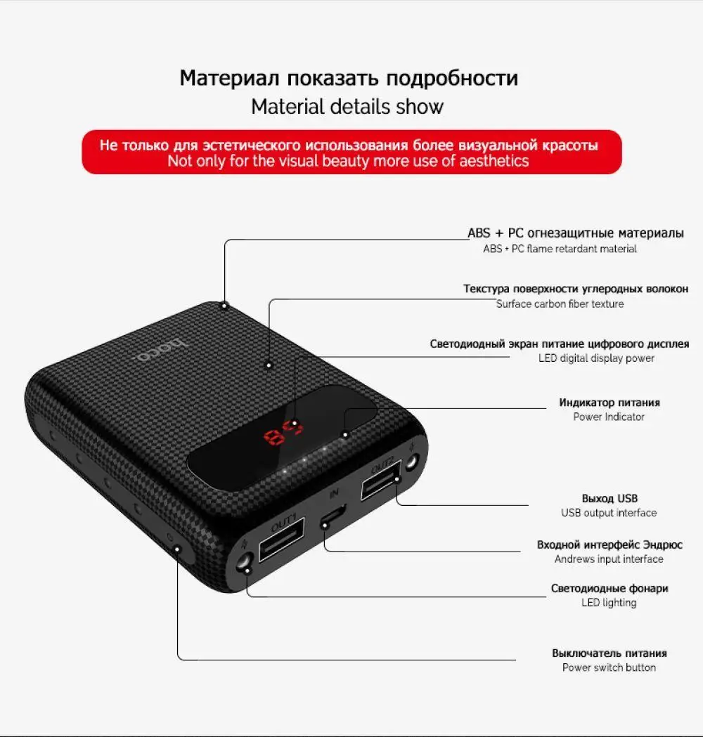 HOCO 20000mAh power Bank 18650 аккумулятор портативный внешний пакет Универсальный телефон