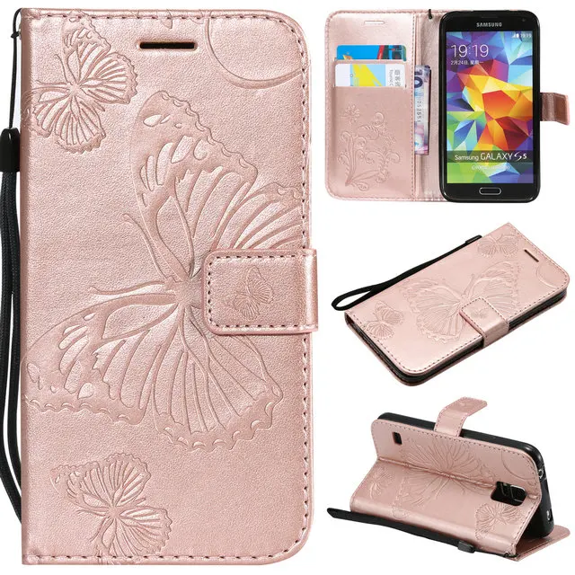 Rose gold Бумажник держатель телефона для samsung Galaxy S5 случае 3D бабочка откидная крышка для Coque samsung S5 случаях 360 полный защитный galaxy S 5 - Цвет: Rose gold