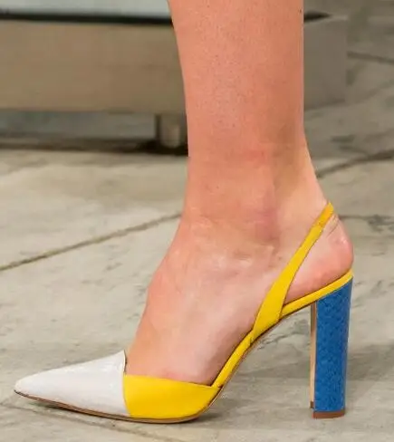 

Carole Levy Runway Thick Heels Pumps Woman Sexy Pointed Toe Mixed Colors Leather Shoes Cutouts High Heel Sandal
