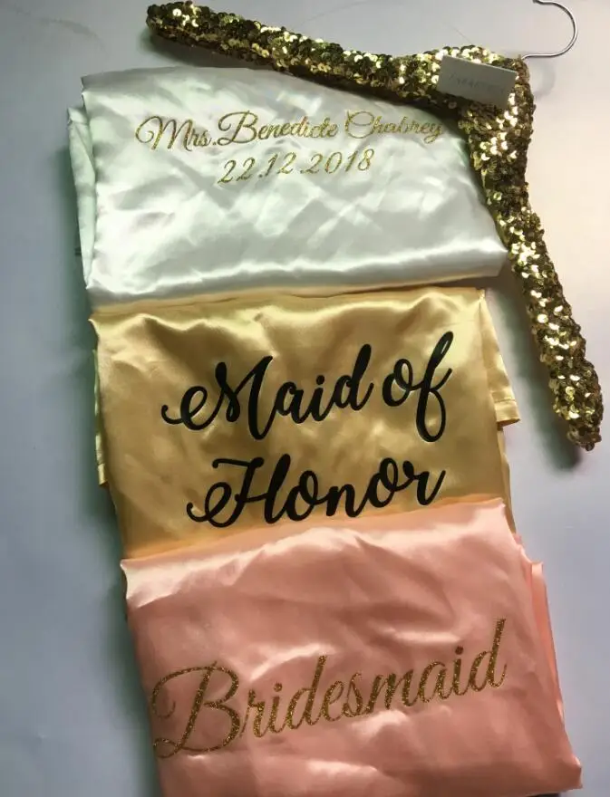 

customize titles color wedding Bachelorette Bridesmaid bride satin pajamas robes maid of honor kimonos gowns gifts party favors