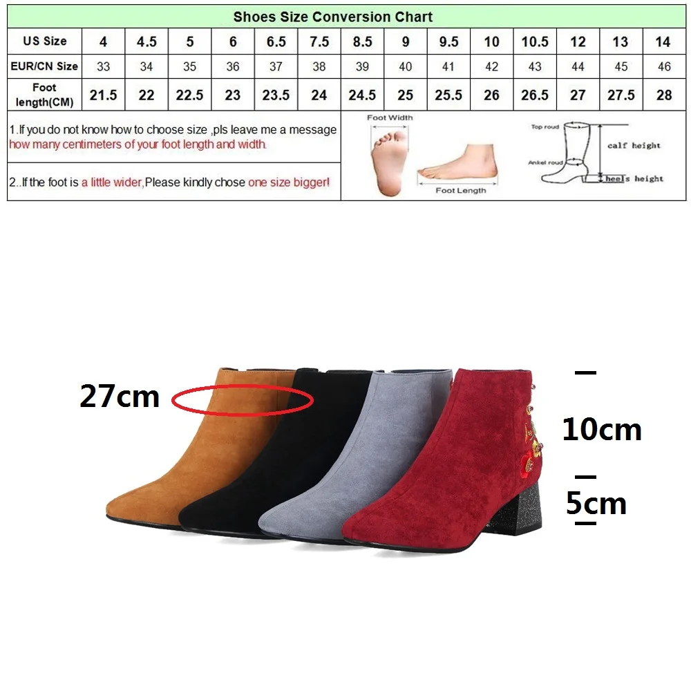 

DRFARGO Winter Shoes Women High Boots Pointed Toe Grey RED Black Ankle Boots plus big size 34-46 Flower Embroidery Heel Shoes
