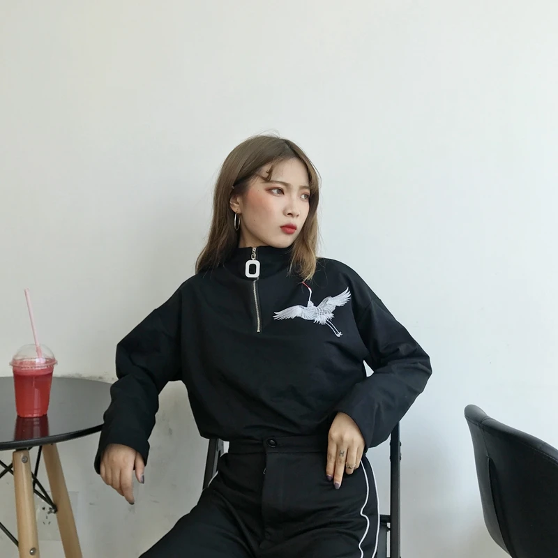 Новая Базовая рубашка Топ Весенняя Корейская Ulzzang Harajuku винтажная вышивка журавлей футболка с длинным рукавом женская футболка на молнии