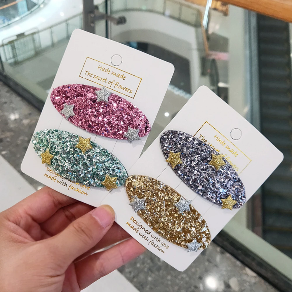 2 Pcs Star Girls Glitter Baby Hairpin Hair Clips Headdress Barrettes Lovely Children Candy Color Cloth Wrapped | Аксессуары для