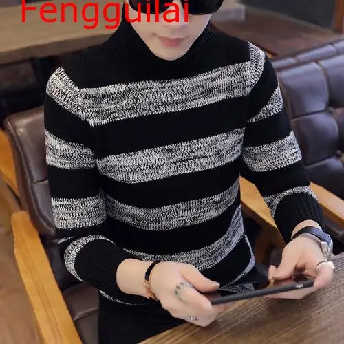 

Fengguilai 2020 High Collar Pullover Men Slim Fit Clothing Autumn Winter Arrival Cashmere Wool Sweater Men Casual Striped Knit S