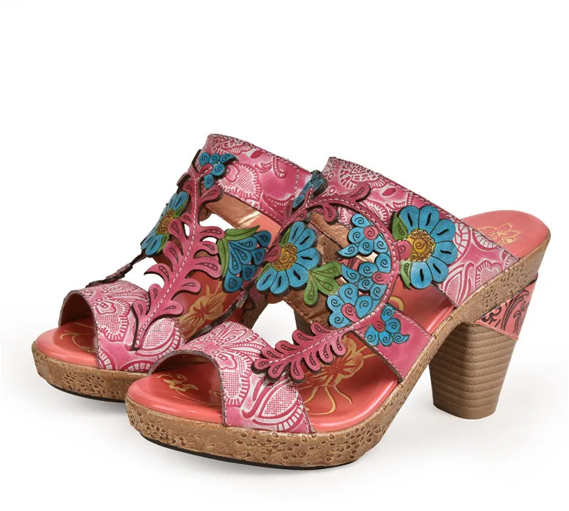 pink TOTOMELA/Новое поступление года; модные женские шлепанцы с цветочным принтом; удобная женская обувь на шпильке в богемном стиле с открытым носком - Цвет: pink