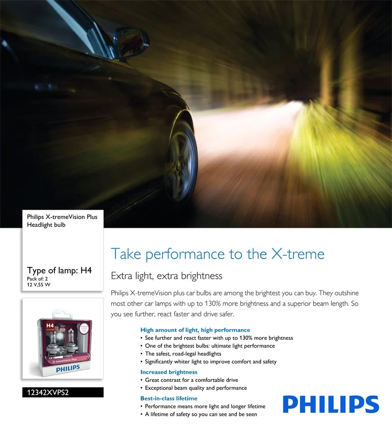Philips H4 9003 X-treme Vision Plus 12V 60/55W Авто галогенные Hi/lo луч автомобиля лампы ECE одобрить 130% ярче 12342XVP S2, пара