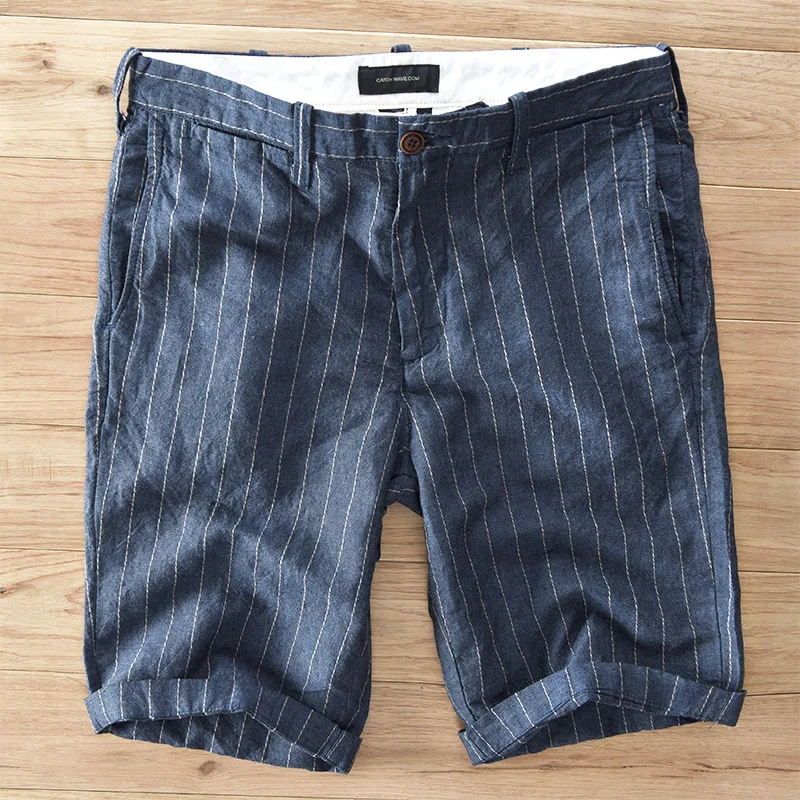 Летние 100% льняные шорты новинка 2017 мужские пляжные повседневные Модные в полоску