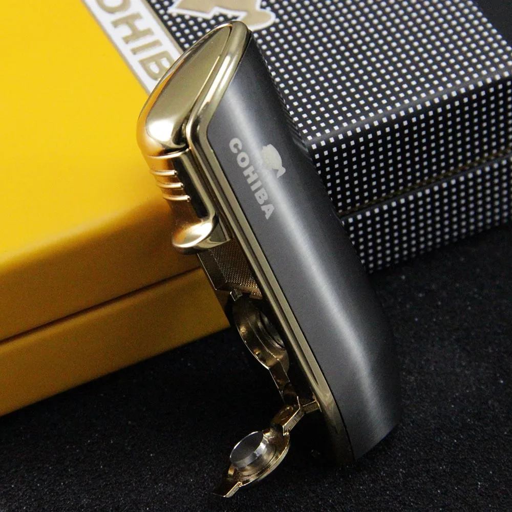 COHIBA карманный инструмент, блестящий желтый металл, форма рта змеи, Бутан, ветрозащитный 3 фонарь, зажигалка для сигарет - Цвет: Grey with box