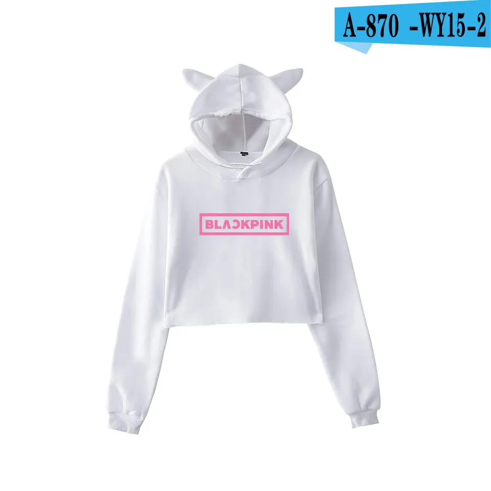 WEJNXIN Kawaii худи с кошачьими ушами для женщин Kpop BLACKPINK вентиляторы Толстовка поддержка дамы BLACKPINK Письмо печати укороченный Топы Одежда - Цвет: White