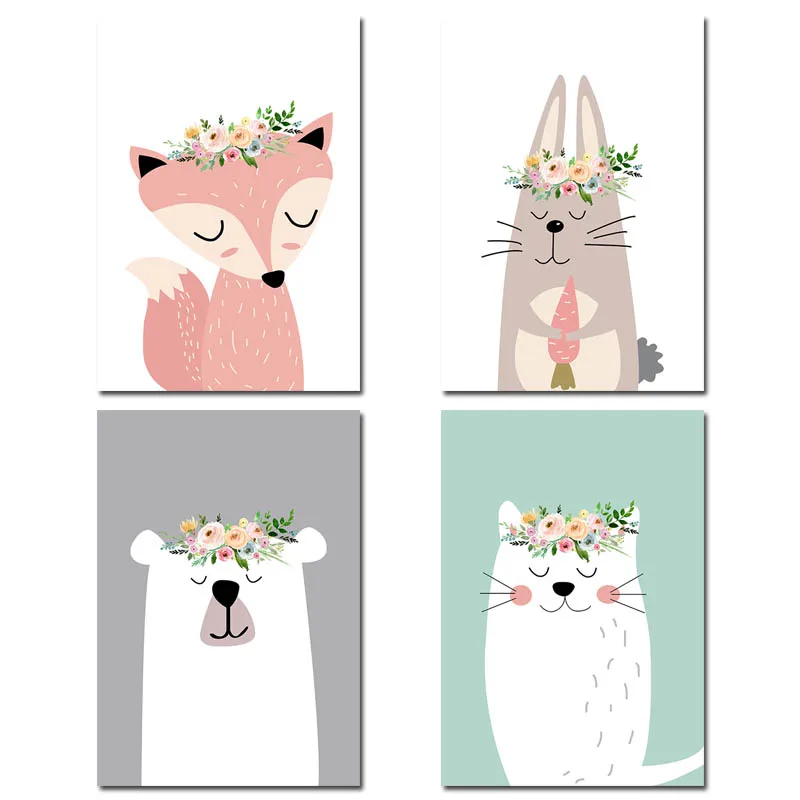 

Cartoon Animal Fox Bear Wall Art Canvas Painting Nursery Wall Pictures For Baby Kid Children Bedroom Decor Picture Unframed