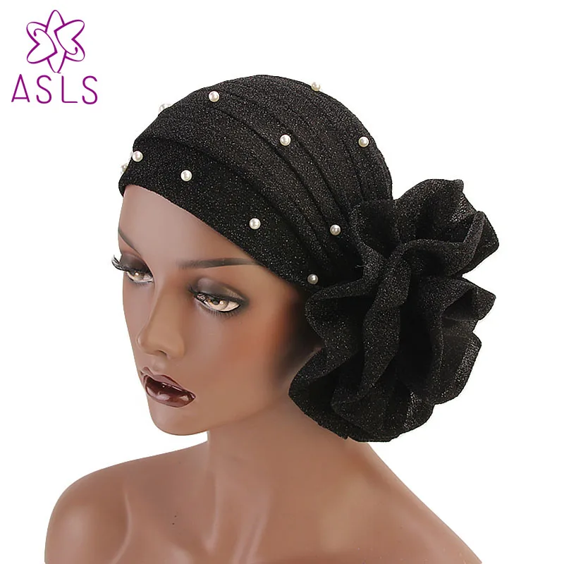 

High Quality New Women Muslim beaded glitter Turban India Cap Big Flower Headband Wedding Party Hair Lose Head Wraps Accessories