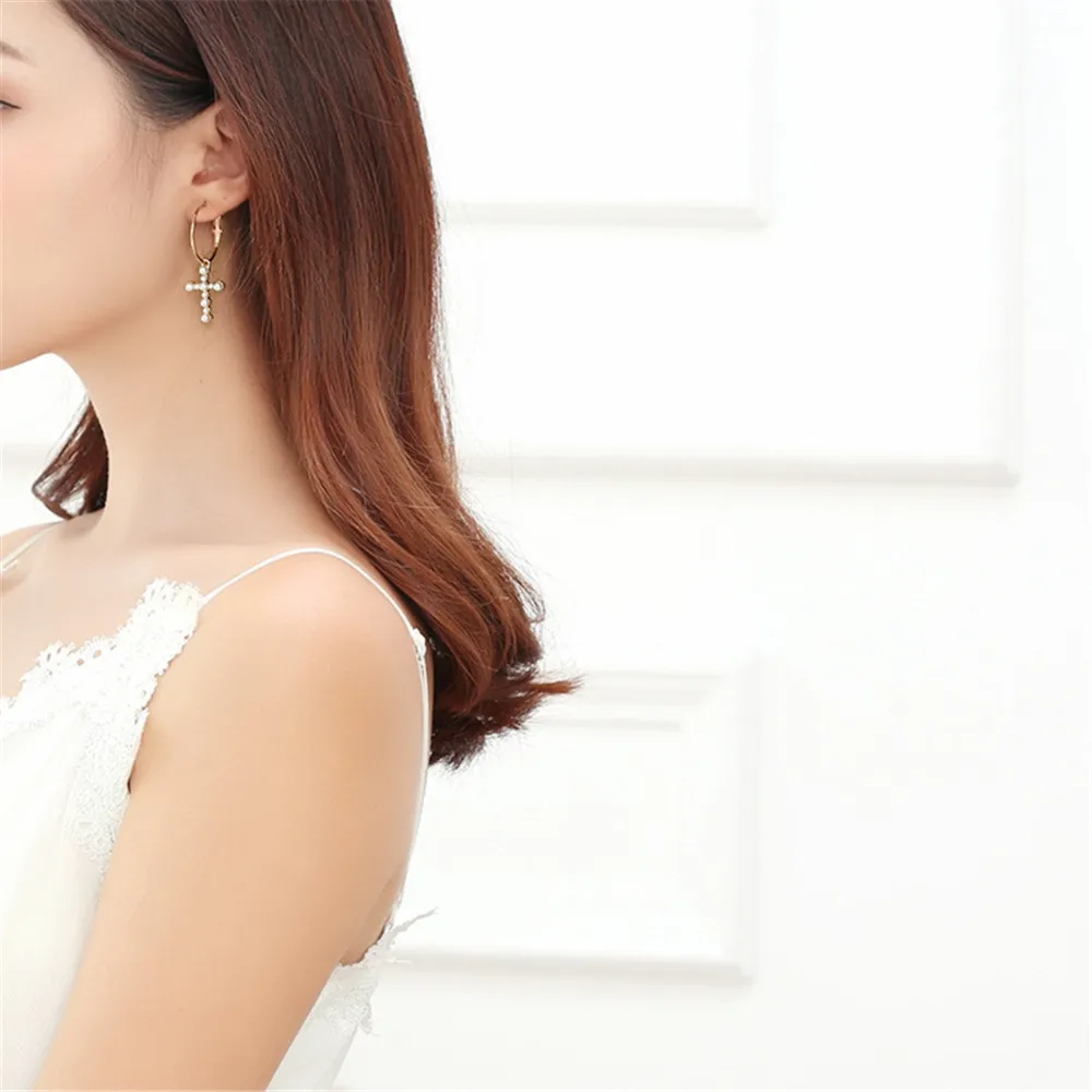 CRLEY earring cross pearl Drop Earrings For Women Gold Color Round Circle Connected Elegant Female Christmas Gifts | Украшения и