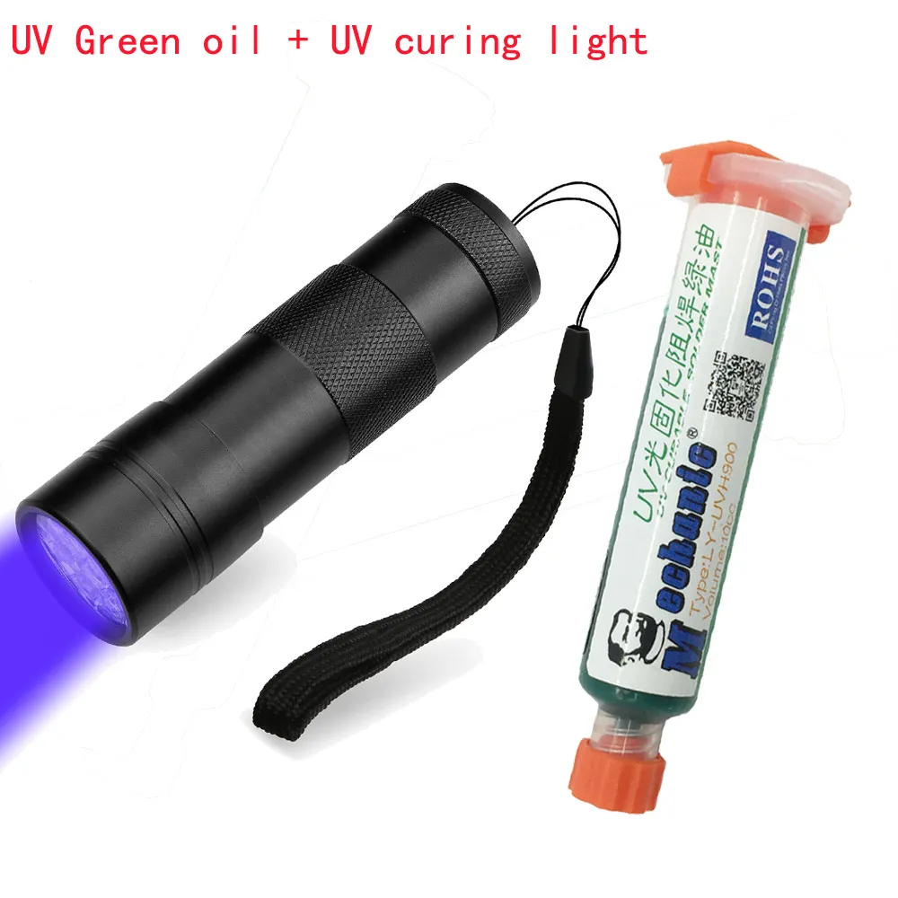 

MECHANIC 10ML GREEN UV SOLDER MASK PCB BGA PAINT PREVENT CORROSIVE ARCING Soldering Welding Fluxes Oil+ 12led UV curing light