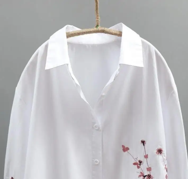Женская длинная рубашка с цветочной вышивкой белая блузка из 100% хлопка лето