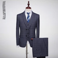 vaguelette formal plaid grey suit for men business wedding groom 3 piece suit slim fit traje hombre para vestir m 4xl