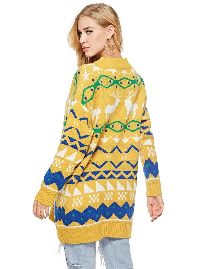 2018 Winter Runway Christmas Knitted Cardigans Coat Women Long Sleeve Poncho Wool Sweater Cartoon Print Fawn Graffiti Cardigan |
