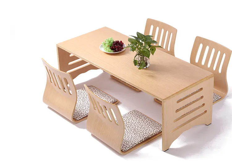 Modern Japanese Style 5-Piece Dining Table and Chair Set, Foldable Low Solid Wood Table Legs, Asian Floor Seating Zaisu Chairs for Dining Room image 2
