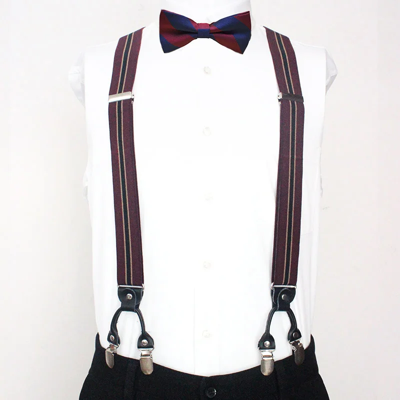 Черные подтяжки из натуральной кожи с 6 зажимами комплекты бантом винтажные