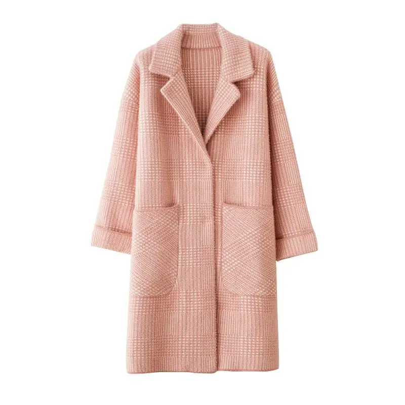 

Women Autumn Winter Faux Mink Cashmere Overcoats Female Casual Loose Plaid Knitted Cashmere Jackets Lady Thick Warm Outwear V519