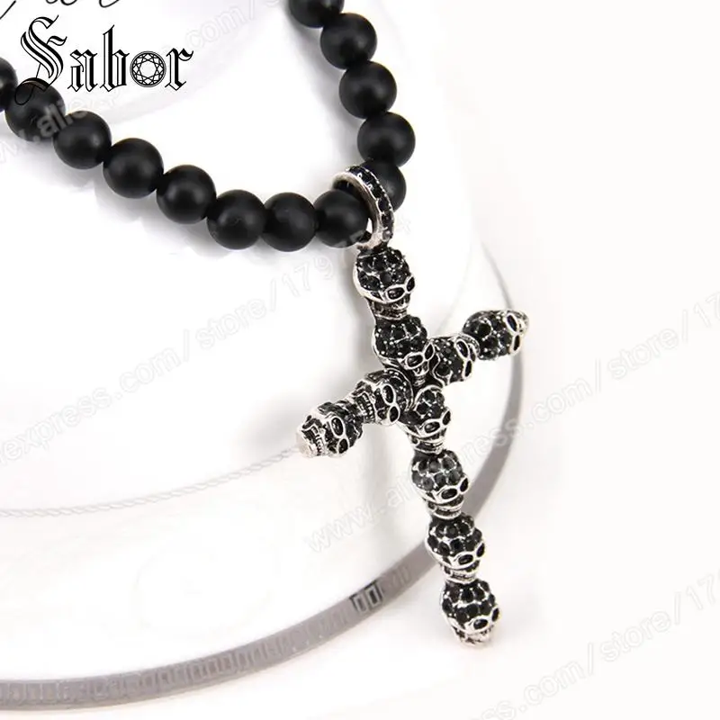 Матовый черный обсидиан бусы & черепа крест кулон ожерелье Rebel ювелирные изделия