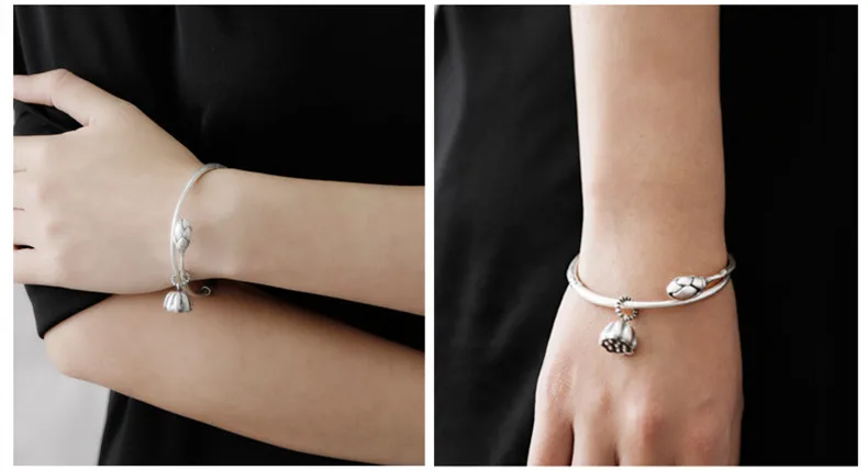 

Uglyless Real S 990 Silver Fine Jewelry for Women Ethnic Engraved Lotus Bangles Adjustable Vintage Handmade Bangle Flower Charms