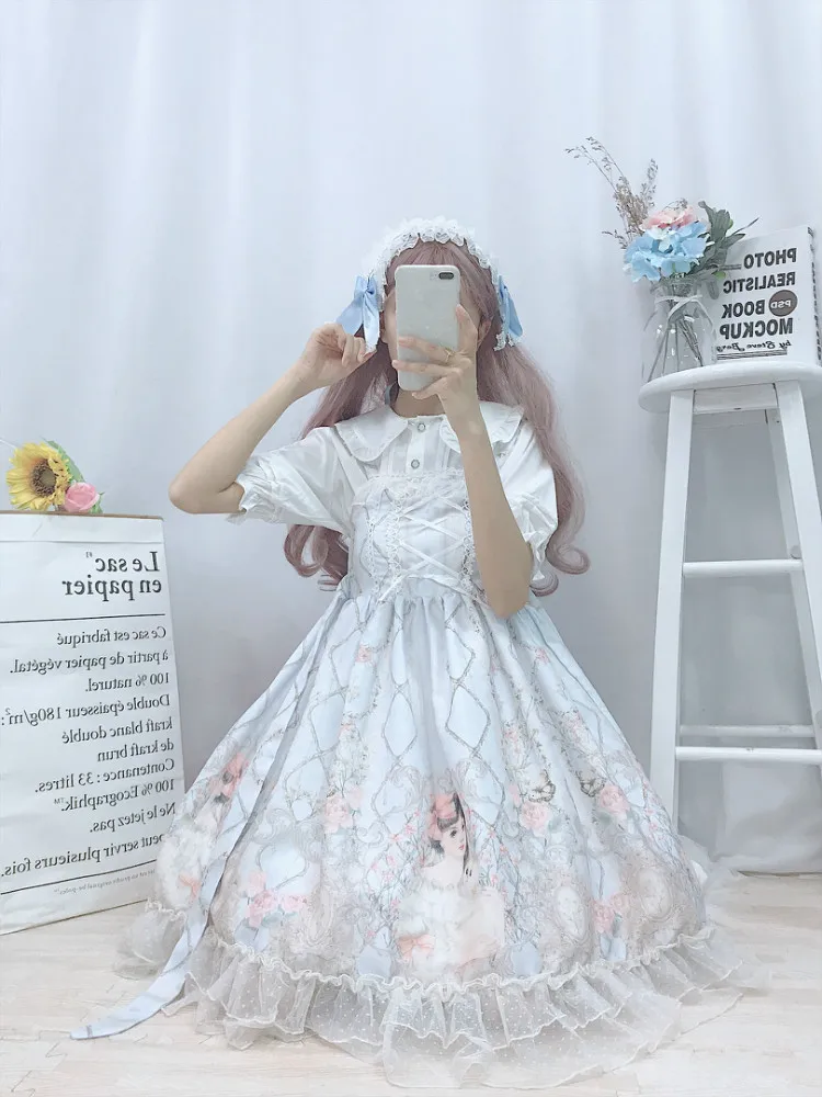 Платье Лолиты, японское платье JSK Kawaii, сказочное платье на бретелях, женское летнее платье, мягкое милое платье лолиты для девочек