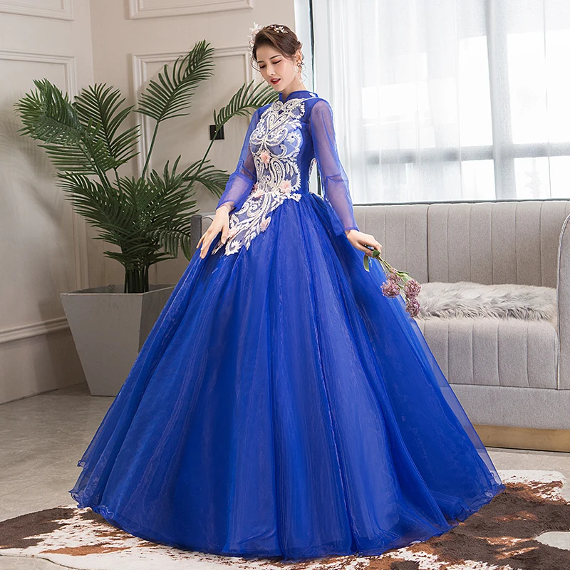 Бальные платья 2020 синие Quinceanera с длинным рукавом и высоким воротом 15 шестнадцати