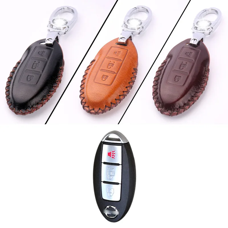 

Genuine PU Leather 3 Button Remote Key Bag Case Fob Holder Chain For Nissan Series E